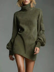 Full Size Suede Turtleneck Lantern Sleeve Mini Dress  Style Ratio