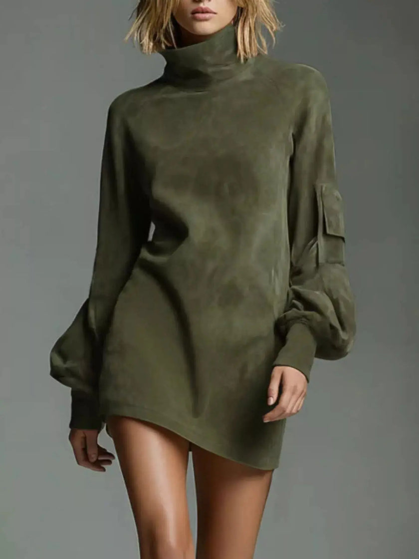 Full Size Suede Turtleneck Lantern Sleeve Mini Dress  Style Ratio