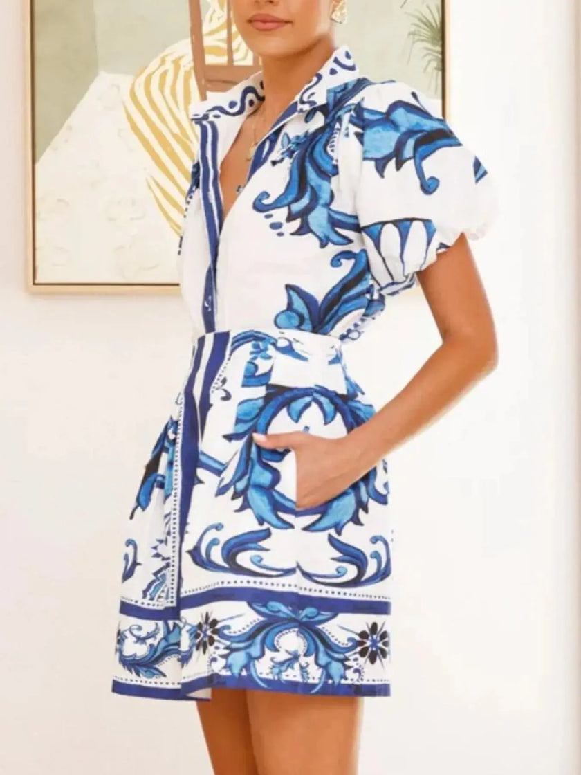 Printed Puff Sleeve Top and Skirt Set  Style Ratio