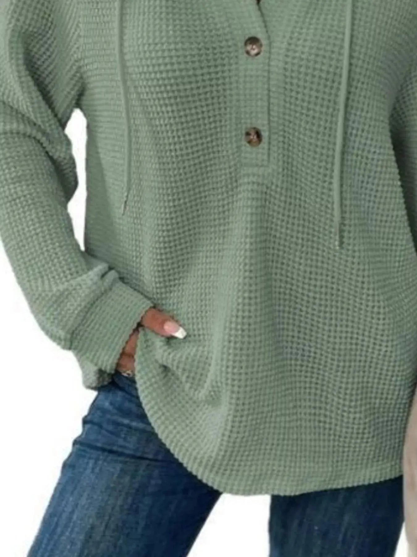 Full Size Button Detail Waffle Knit Hoodie  Style Ratio