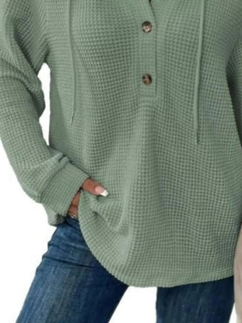 Full Size Button Detail Waffle Knit Hoodie  Style Ratio