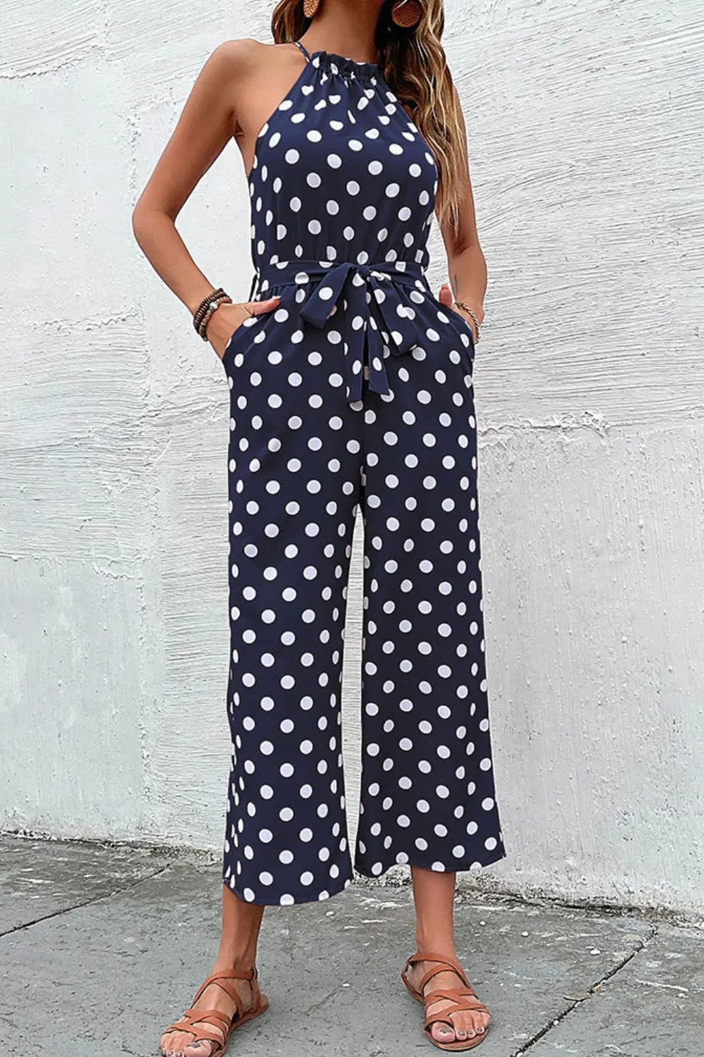 Perfee Polka Dot Grecian Wide Leg Jumpsuit  Style Ratio