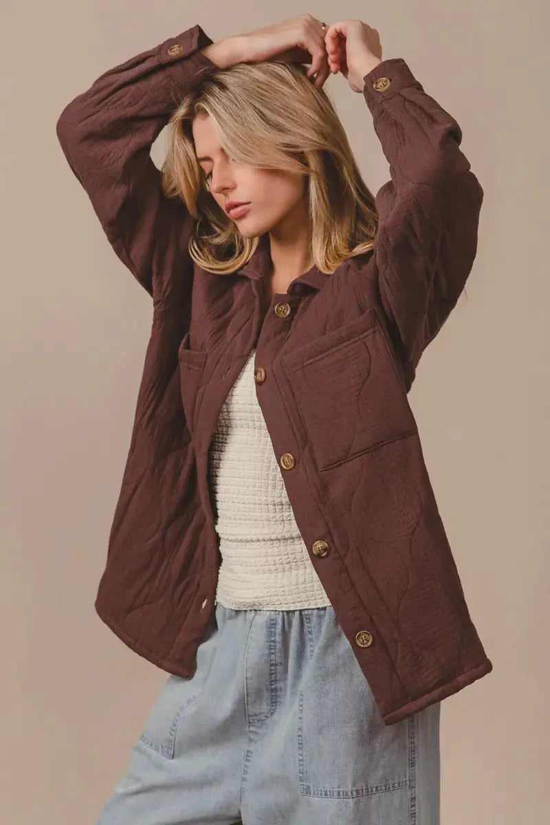 BiBi Quilted Wrinkle Gauze Long Sleeve Shacket  Style Ratio