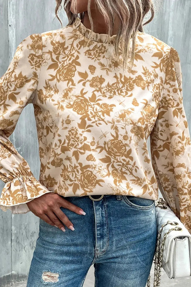 Floral Print Mock Neck Flounce Sleeve Blouse  Style Ratio