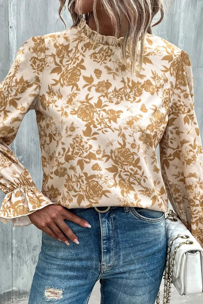Floral Print Mock Neck Flounce Sleeve Blouse  Style Ratio