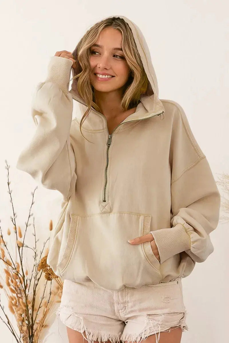 BiBi Stitch Detailed Elastic Hem Half Zip Fleece Hoodie  Style Ratio