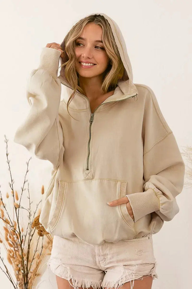 BiBi Stitch Detailed Elastic Hem Half Zip Fleece Hoodie  Style Ratio