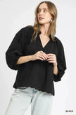 Umgee Full Size Textured Notched Balloon Sleeve Blouse  Style Ratio