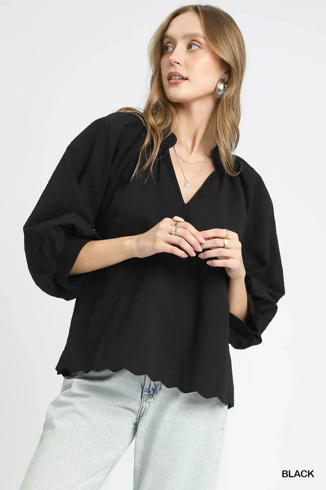 Umgee Full Size Textured Notched Balloon Sleeve Blouse  Style Ratio