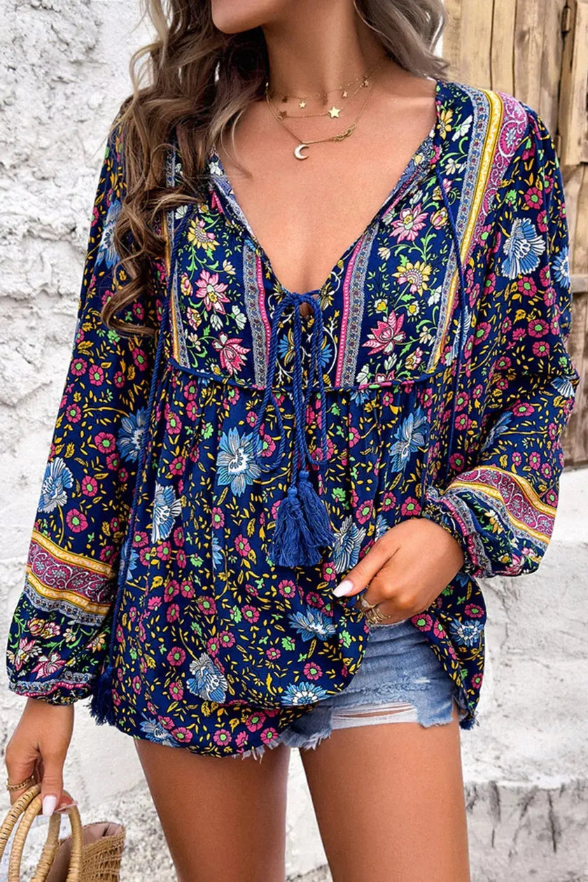 Floral Print Tie Neck Blouse  Style Ratio