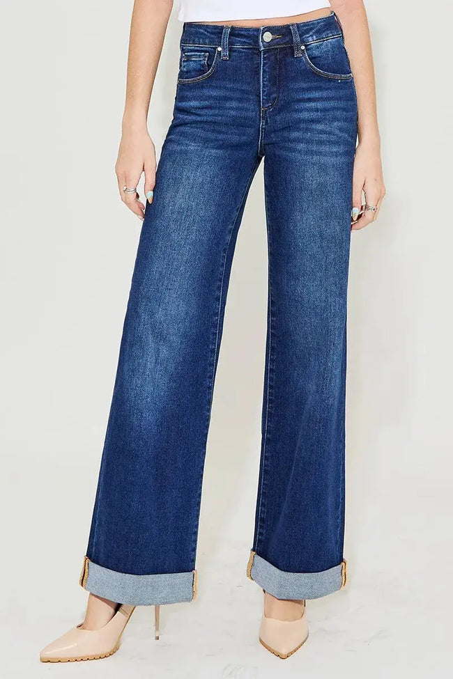 RISEN Tummy Control High Rise Wide Leg Cuffed Jeans  Style Ratio