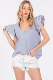 Ces Femme Striped V-Neck Ruffled Cap Sleeve Blouse  Style Ratio