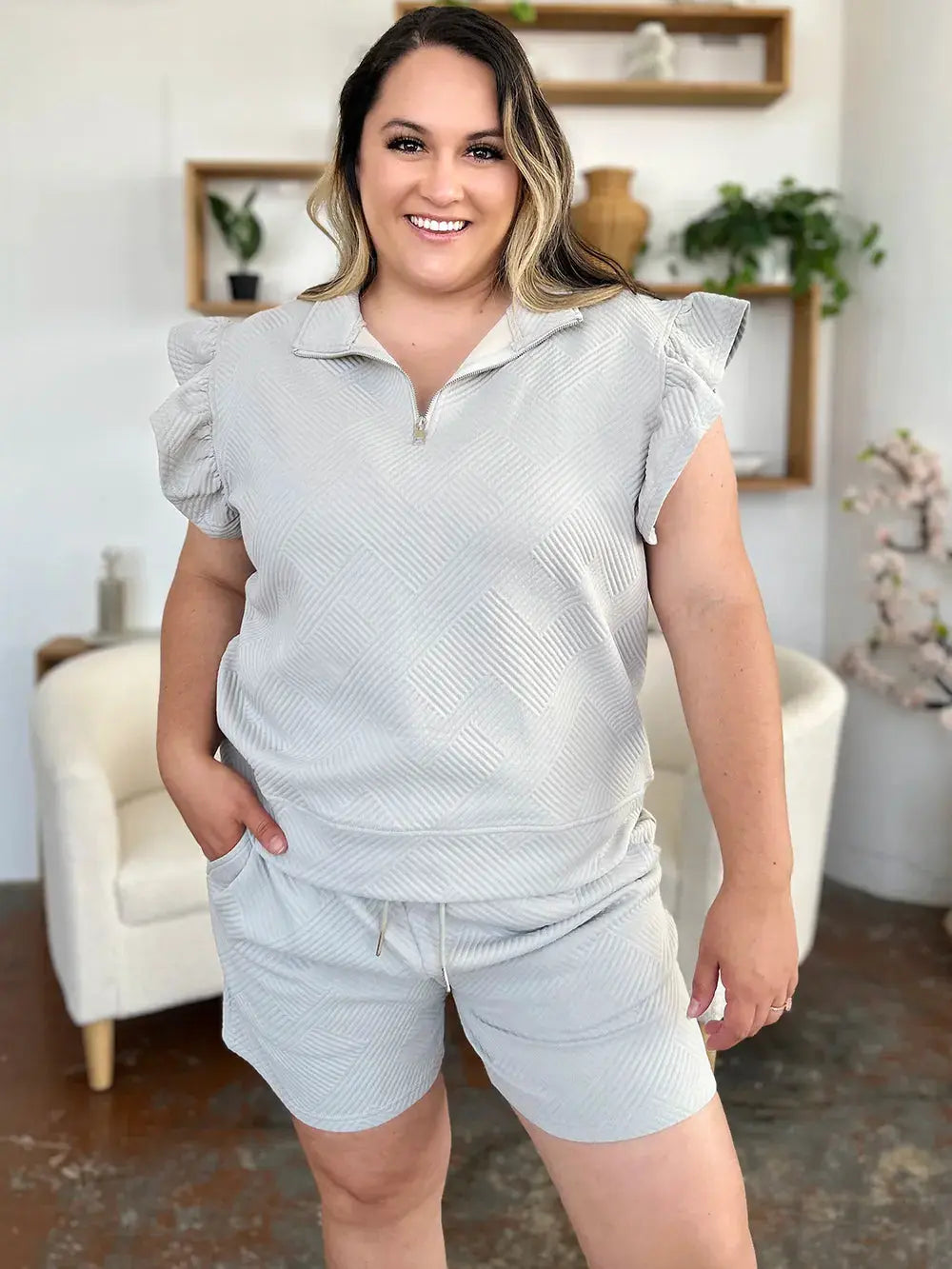 Double Take Texture Flounce Sleeve Top and Drawstring Shorts Set  Style Ratio