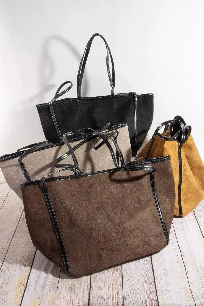 Fame Suede Tote Faux Leather Trim Shoulder Strap  Style Ratio