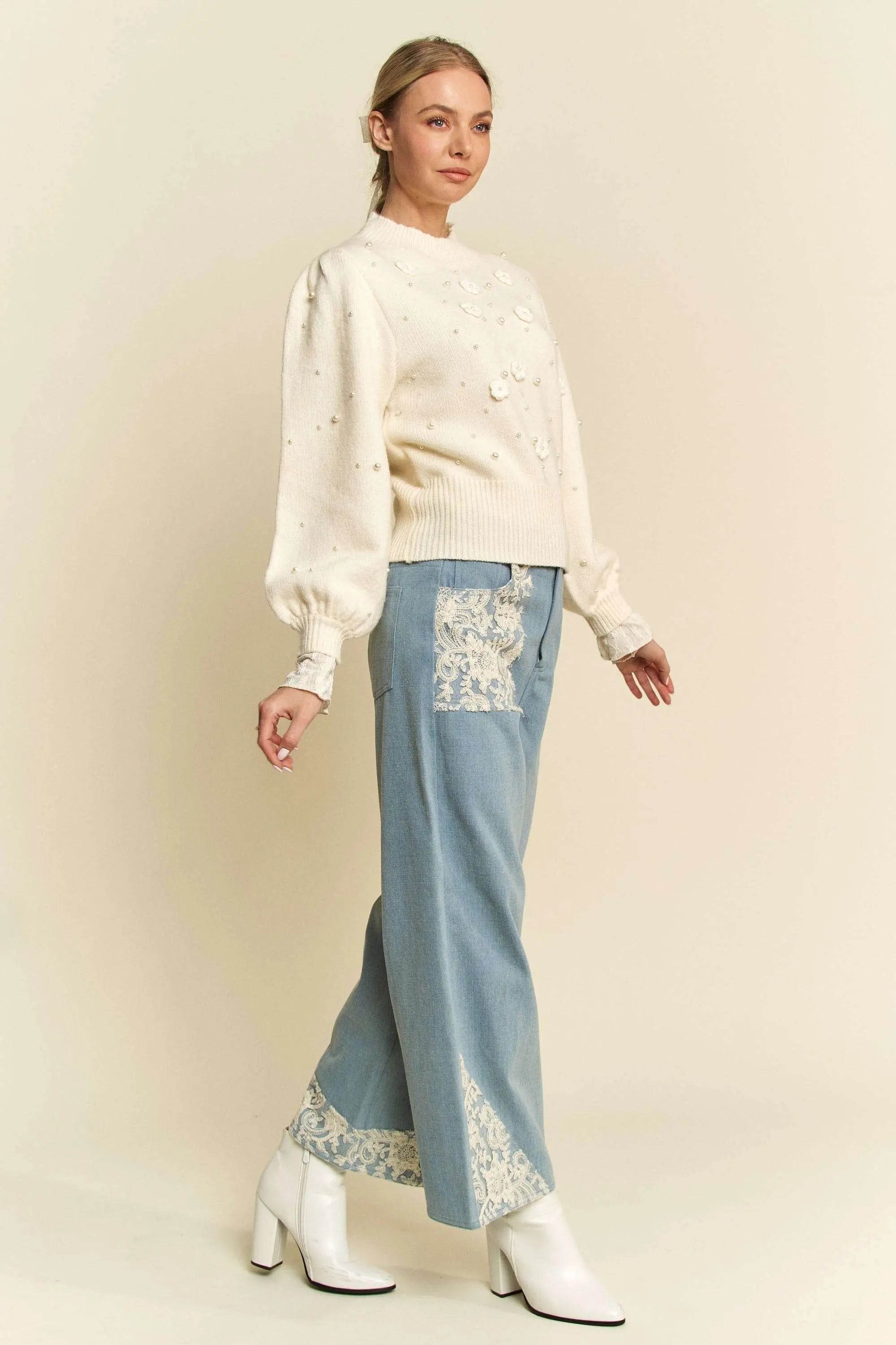 Davi & Dani Lace Applique Wide Leg Jeans  Style Ratio