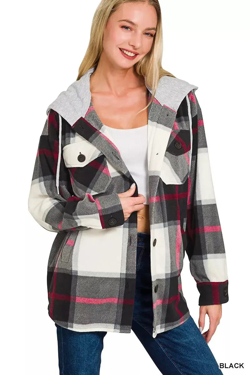 Zenana Plaid Drawstring Hooded Fleece Shacket  Style Ratio