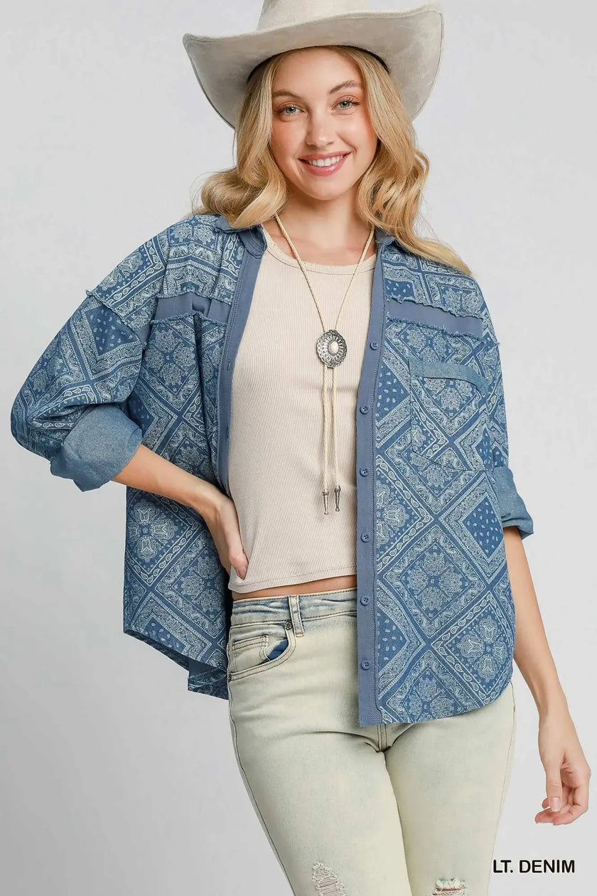 Umgee Paisley Print Denim Shacket  Style Ratio