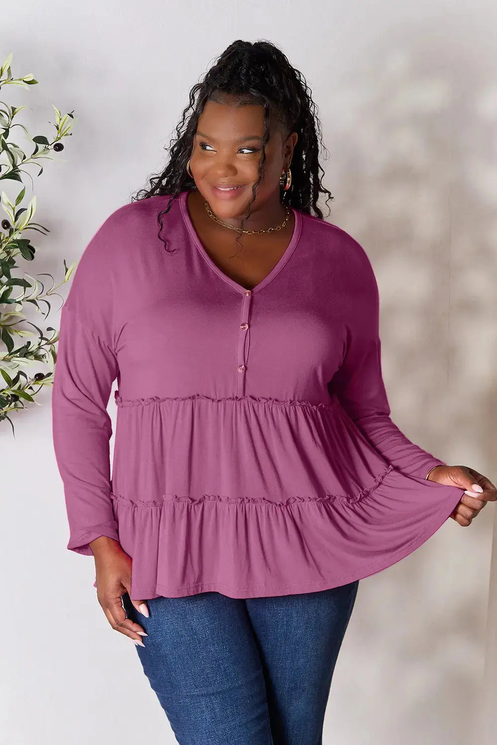 Double Take Half Button Long Sleeve Ruffle Hem Blouse  Style Ratio