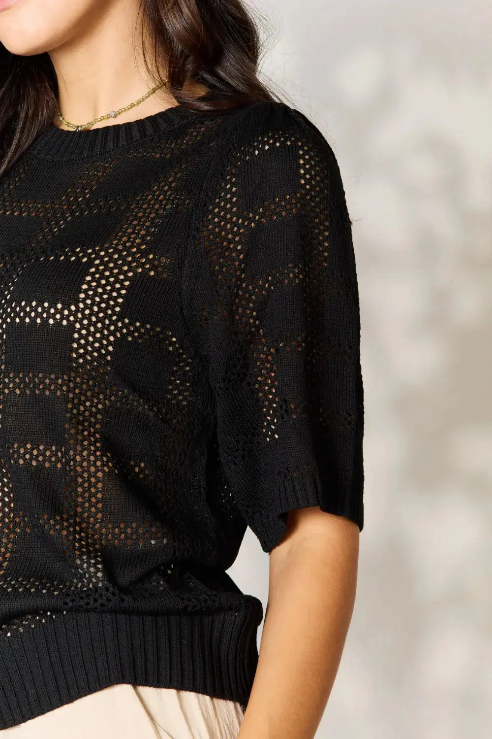 Mandy Ribbed Trim Round Neck Knit Blouse  Style Ratio