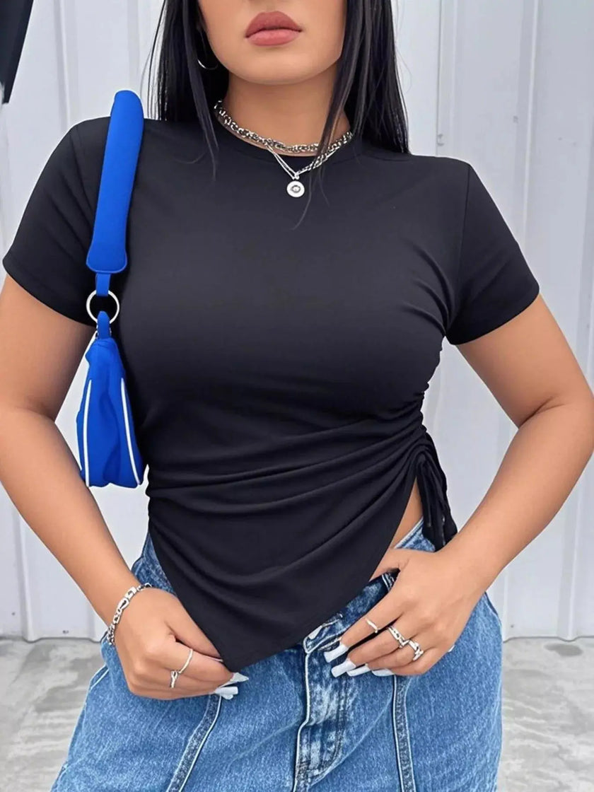 Plus Size Ruched Round Neck Short Sleeve Shirt  Style Ratio
