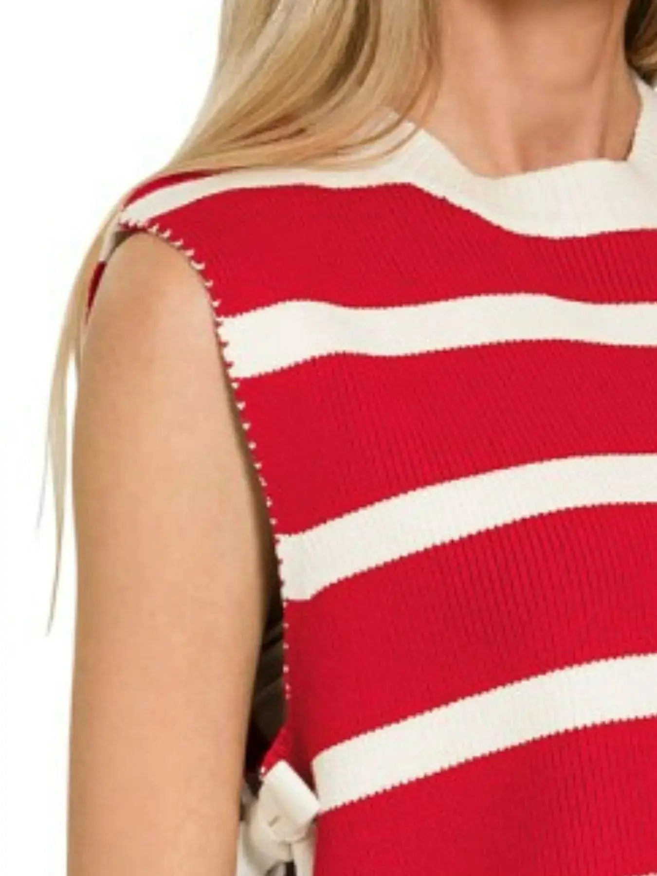 Zenana Side Tie Sleeveless Stripe Sweater  Style Ratio