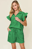 Double Take Texture Flounce Sleeve Top and Drawstring Shorts Set  Style Ratio