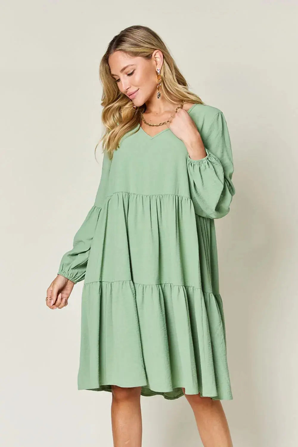 Double Take Full Size V-Neck Balloon Sleeve Tiered Dress with Pockets  Style Ratio