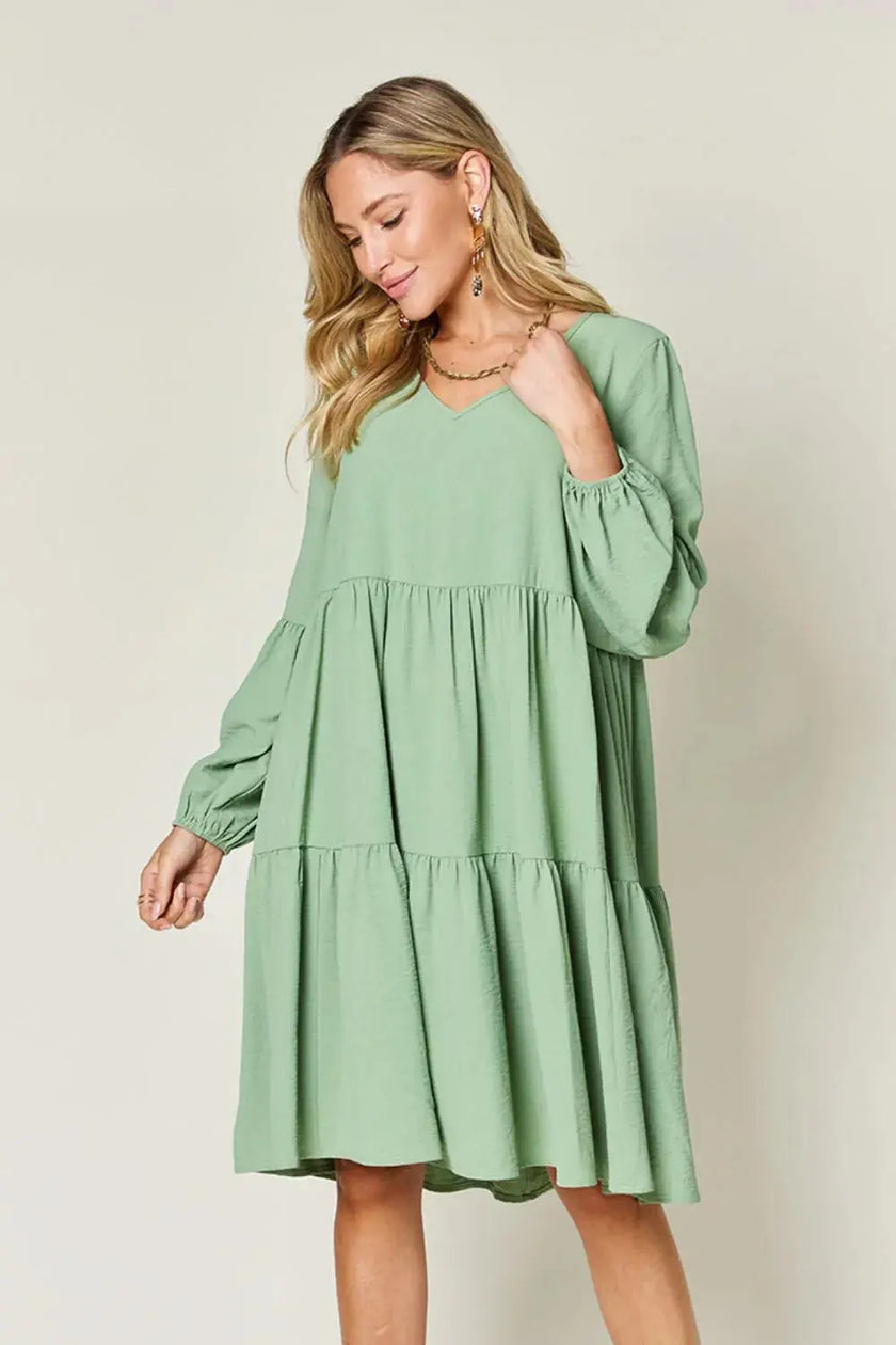 Double Take Full Size V-Neck Balloon Sleeve Tiered Dress with Pockets  Style Ratio