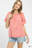 Umgee Round Neck Puff Sleeve Top with Contrast Stitch Detail  Style Ratio