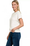 Zenana Round Neck Banded Botton Short Sleeve Sweater  Style Ratio