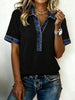Denim Trim Button Detail Short Sleeve Shirt  Style Ratio