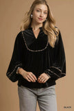 Umgee Velvet Long Sleeve Blouse with Contrast Trim  Style Ratio