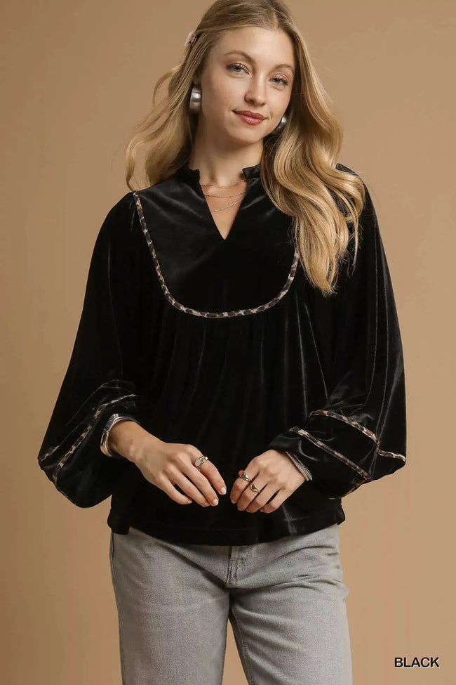 Umgee Velvet Long Sleeve Blouse with Contrast Trim  Style Ratio