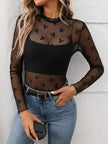 Floral Mock Neck Long Sleeve Mesh Top  Style Ratio