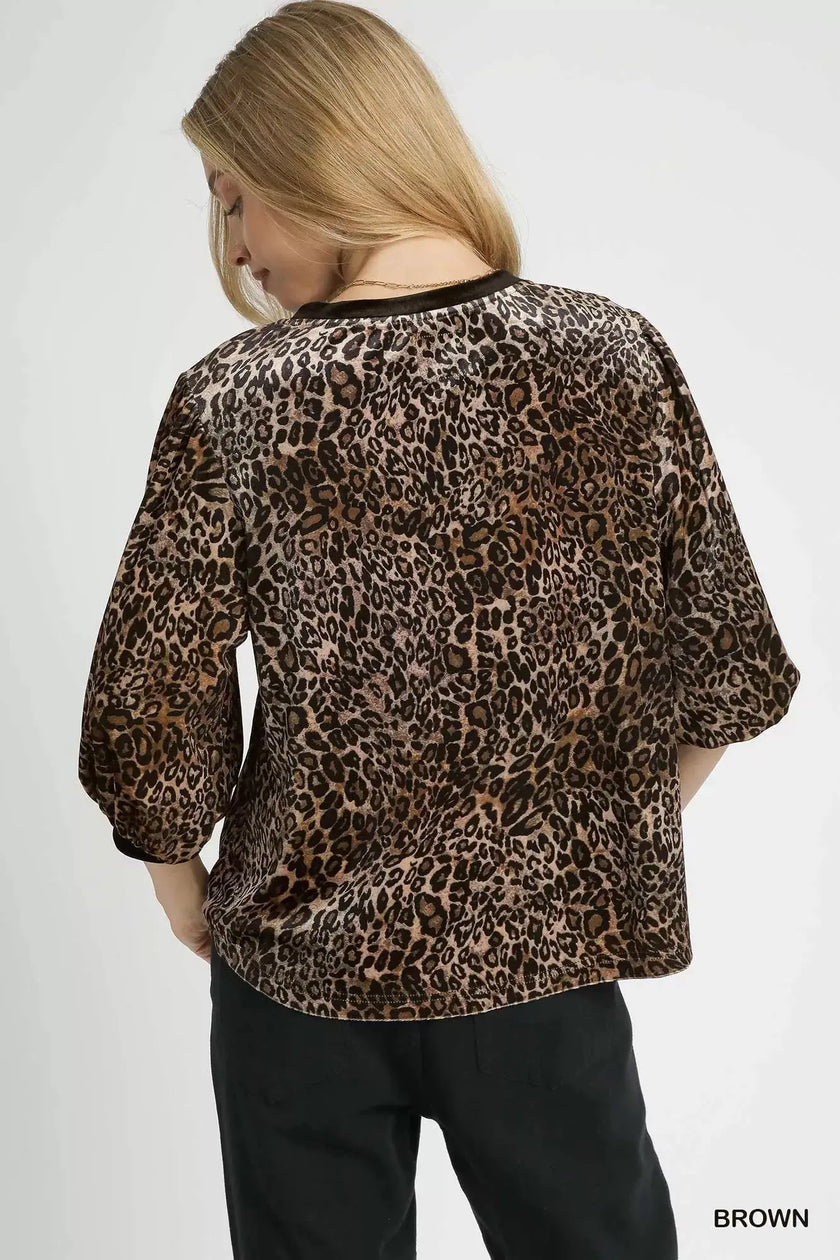 Umgee Leopard Round Neck Three-Quarter Sleeve Blouse  Style Ratio