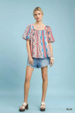 Umgee Patchwork Puff Sleeve Smocked Blouse  Style Ratio