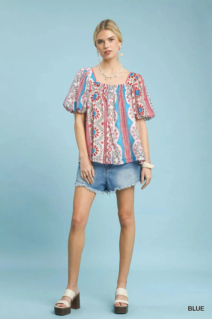 Umgee Patchwork Puff Sleeve Smocked Blouse  Style Ratio