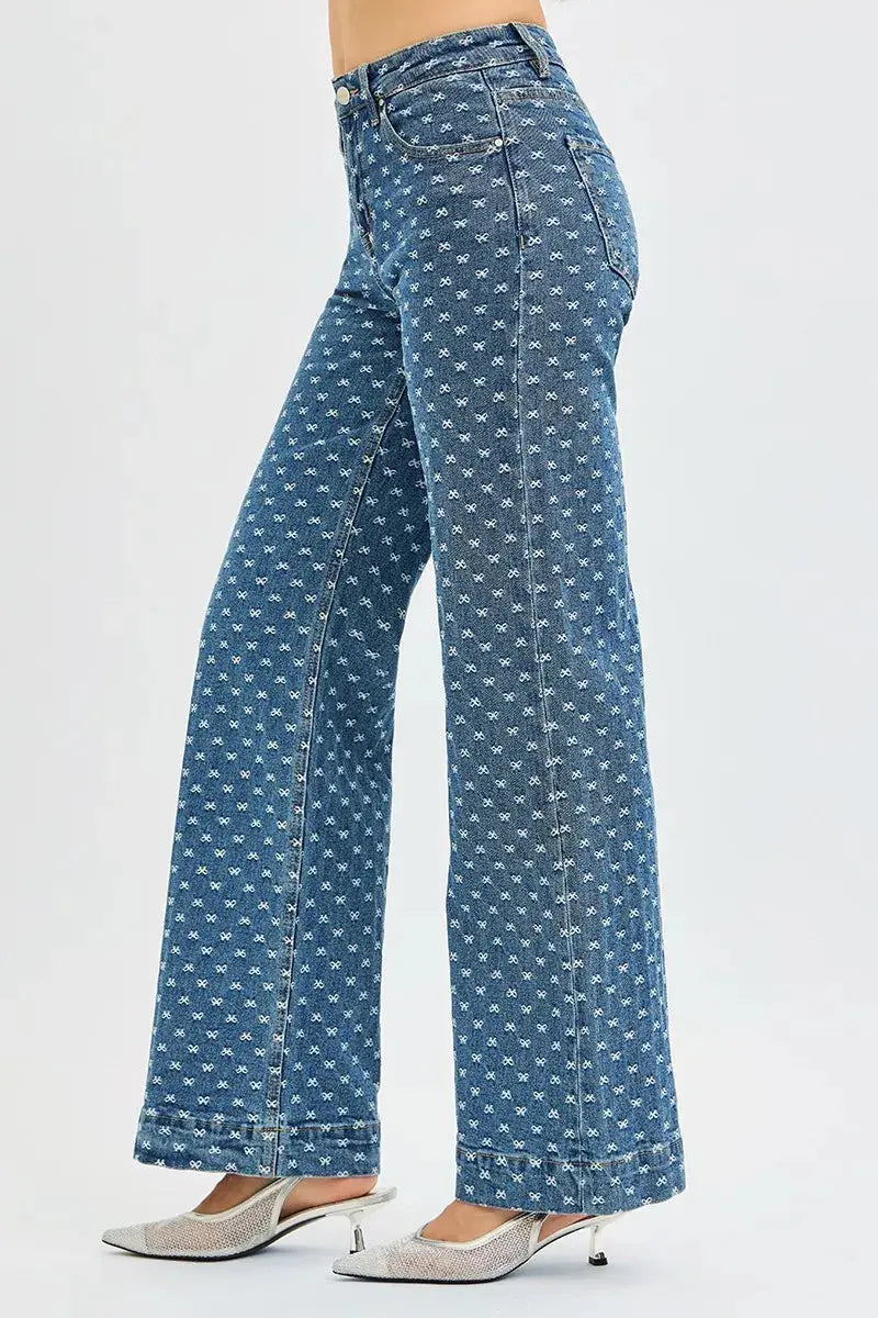 RISEN High Rise Wide Leg Bow Embroidered Jeans  Style Ratio