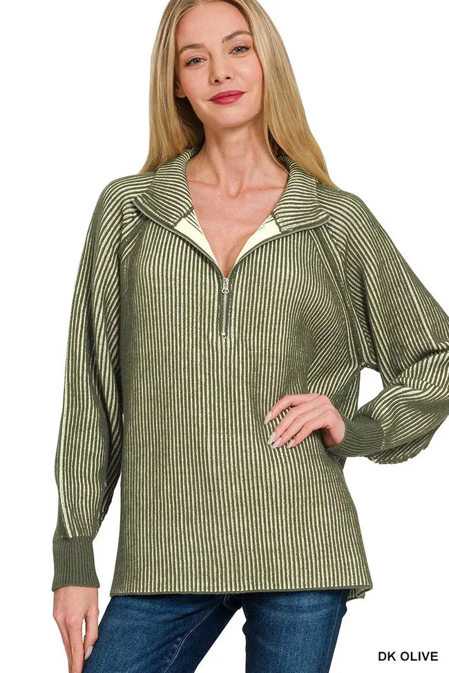 Zenana Ribbed Two Tone Half Zip Sweatshirt  Style Ratio