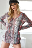 BiBi Snakeskin Print Low Gauge Hacci V Neck Long Sleeve Top  Style Ratio