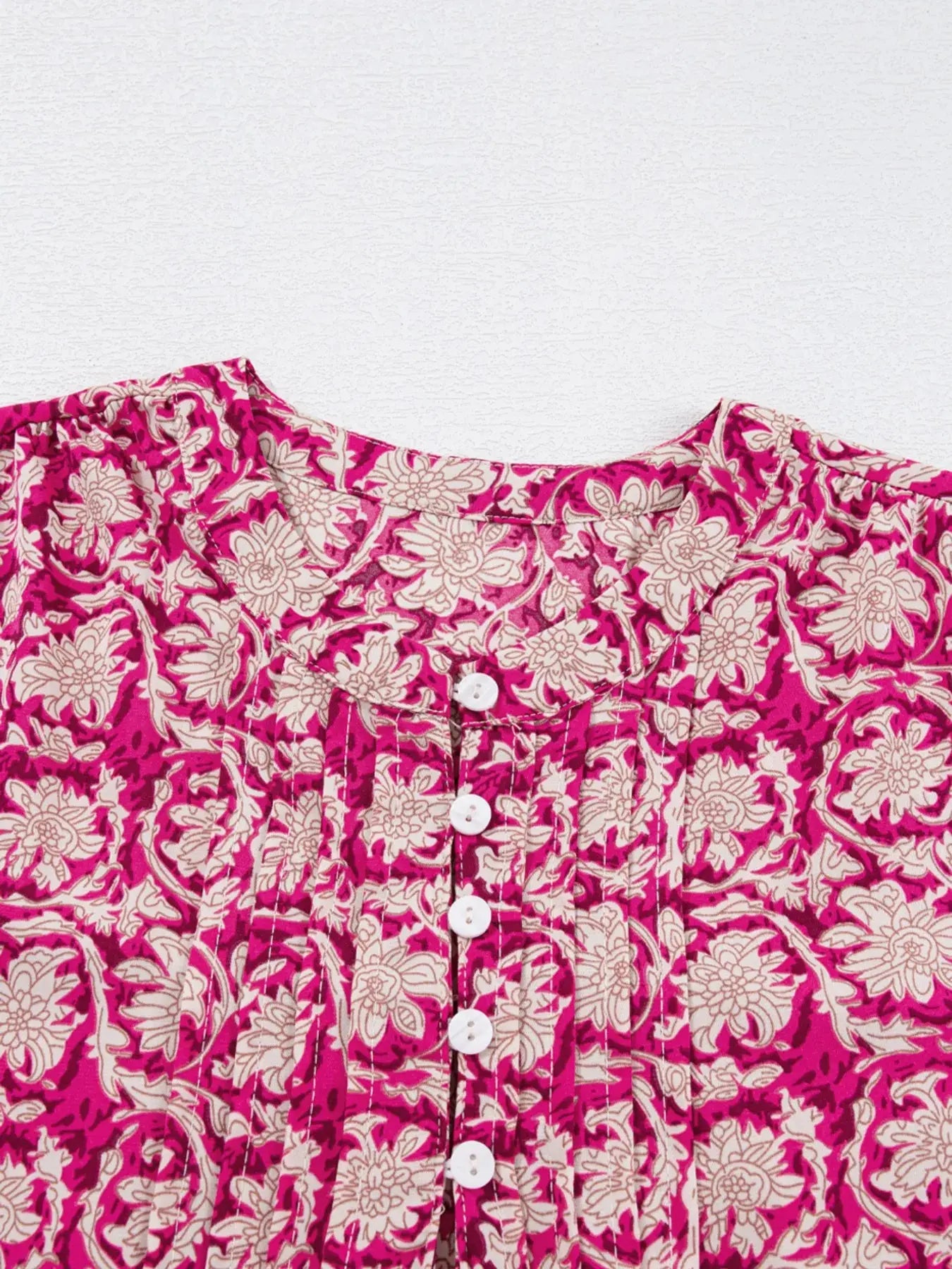 Floral Print Split Neck Pleated Long Sleeve Blouse  Style Ratio