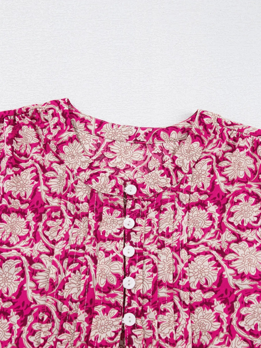 Floral Print Split Neck Pleated Long Sleeve Blouse  Style Ratio