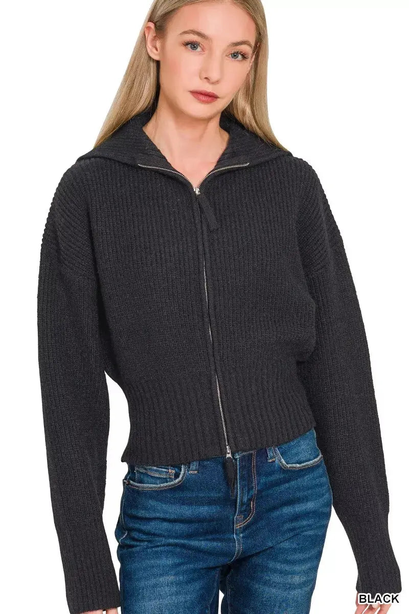 Zenana Ribbed Collared Zip Up Cardigan  Style Ratio