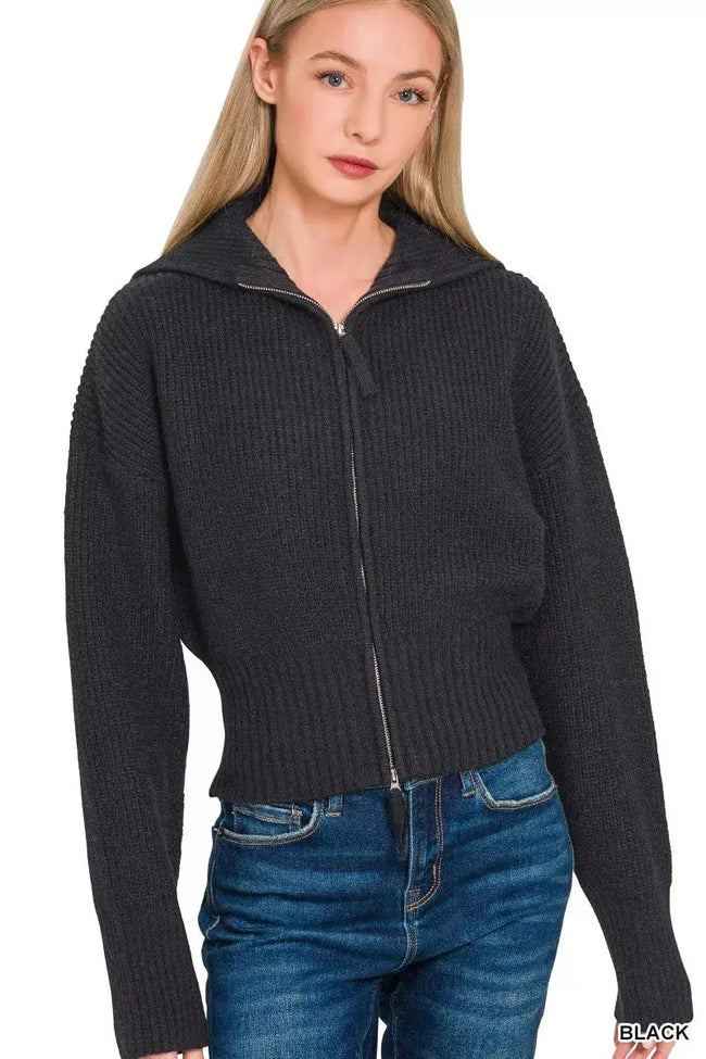 Zenana Ribbed Collared Zip Up Cardigan  Style Ratio