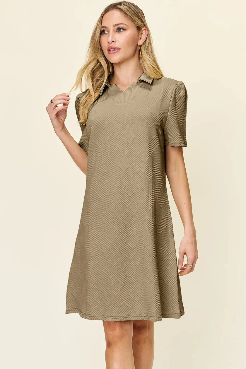 Double Take Full Size Texture Collared Neck Short Sleeve Dress  Style Ratio