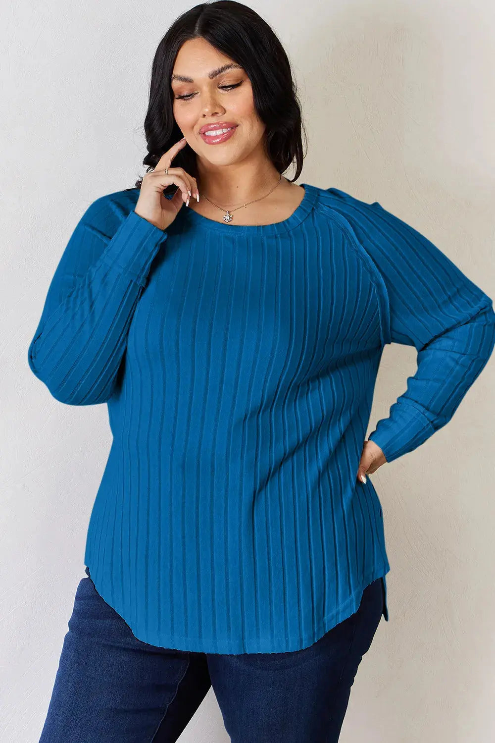 Basic Bae Full Size Ribbed Round Neck Long Sleeve Shirt  Style Ratio