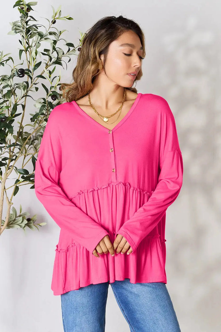 Double Take Half Button Long Sleeve Ruffle Hem Blouse  Style Ratio