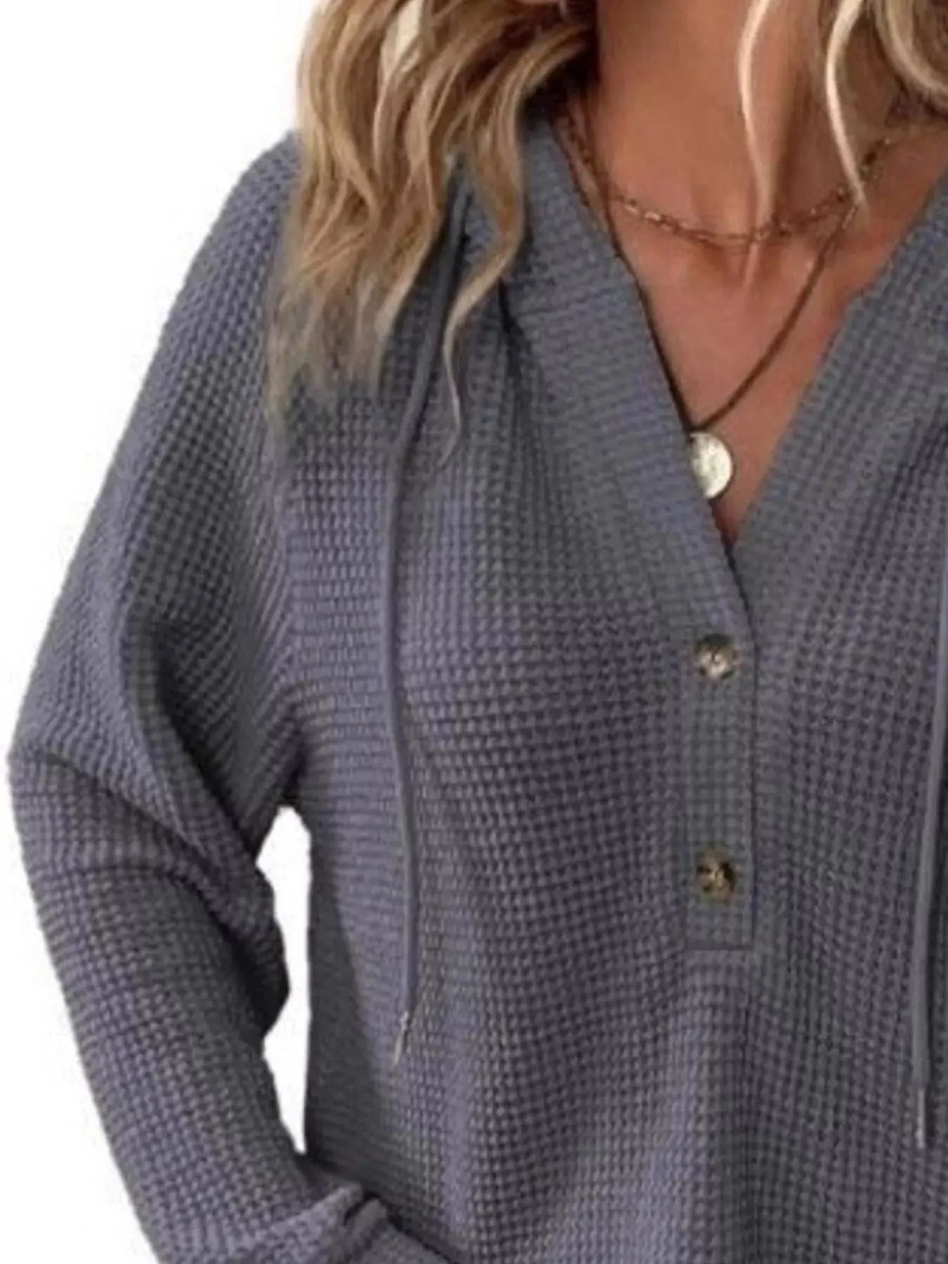 Full Size Button Detail Waffle Knit Hoodie  Style Ratio