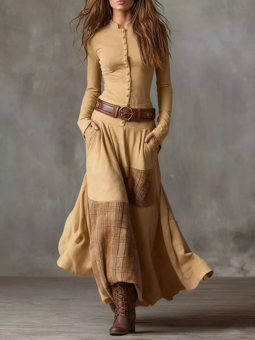 Full Size Plaid Button Front Long Sleeve Dress  Style Ratio