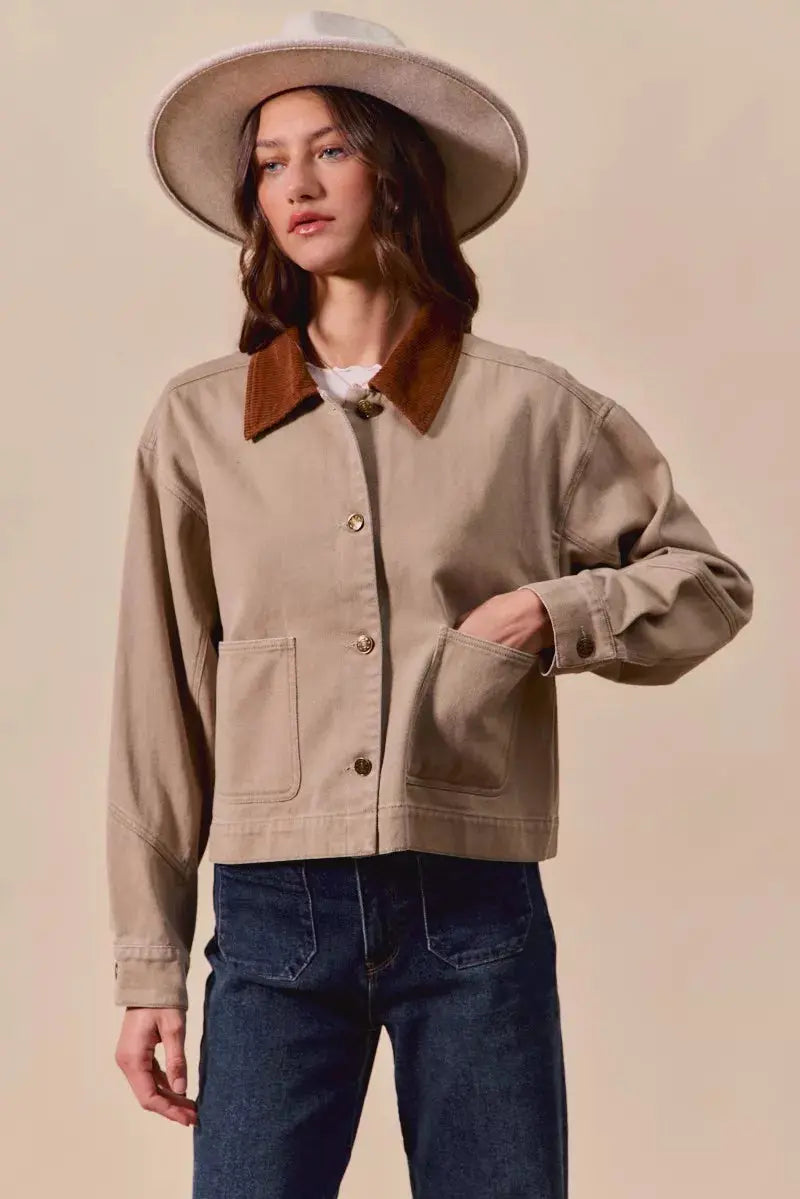 SO ME Cotton Twill Cropped Barn Jacket wtih Collar  Style Ratio